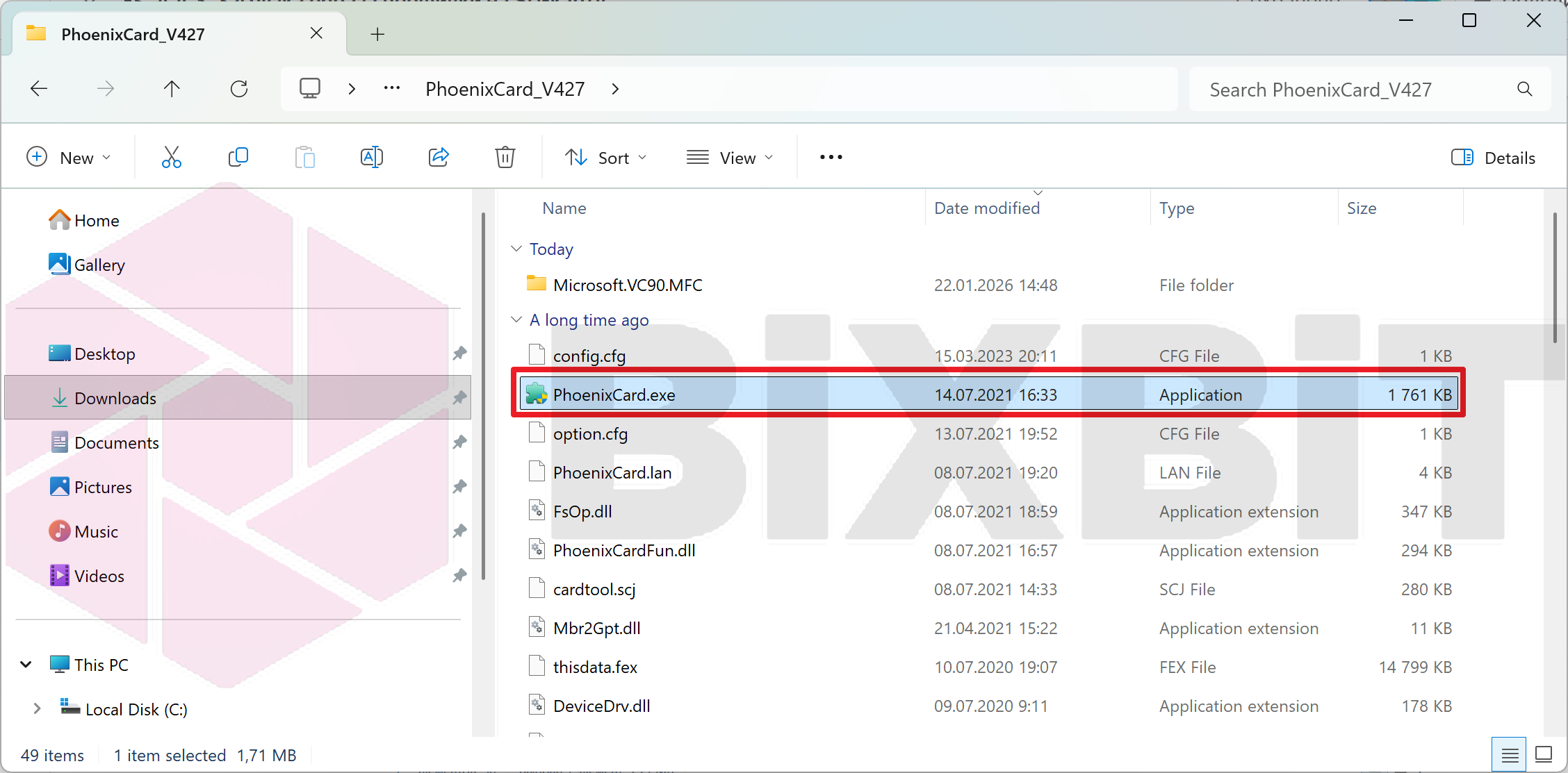 PhoenixCard_V427 folder from the firmware archive with PhoenixCard.exe highlighted