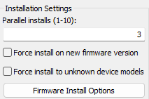 Installation Settings: Parallel installs (1-10) set to 3, two Force install checkboxes, Firmware Install Options button
