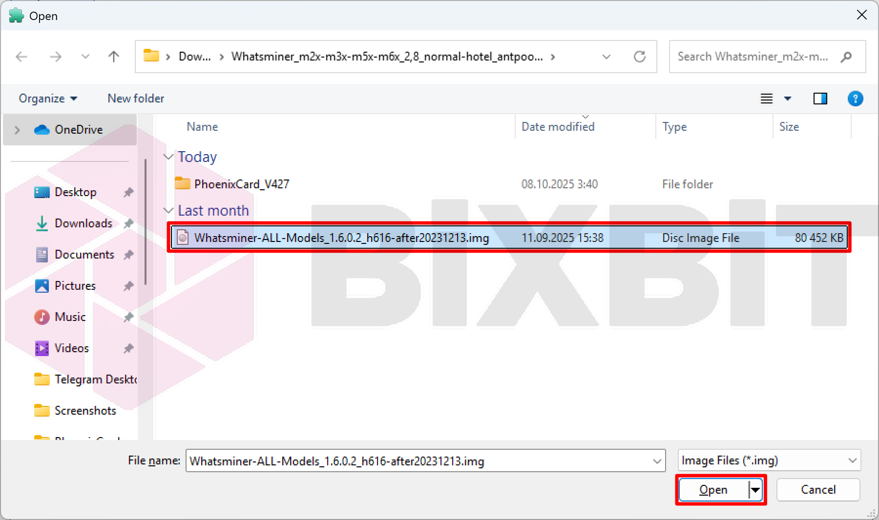 File dialog: select Whatsminer-ALL-Models_1.6.0.2_h616-after20231213.img, then click Open