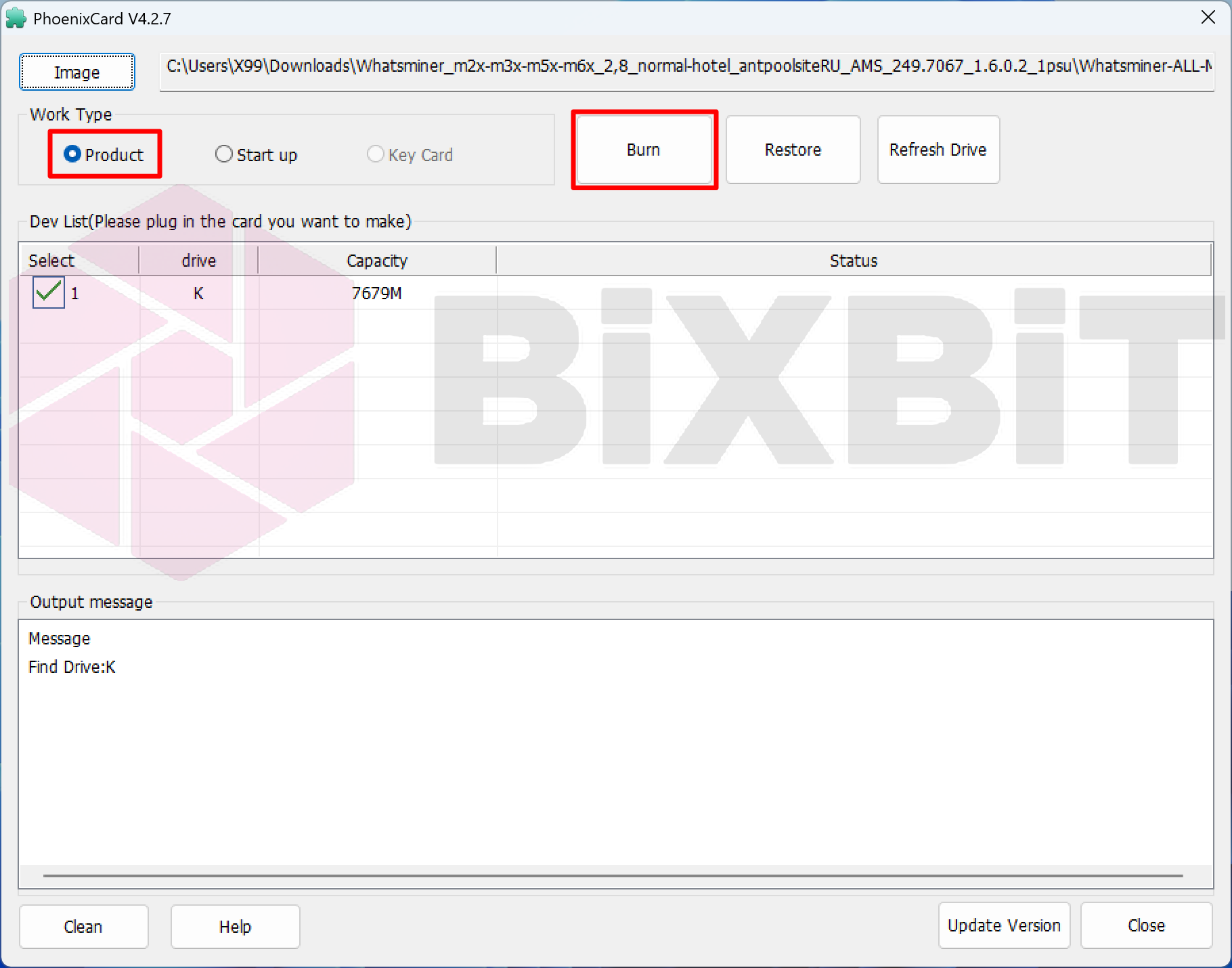 PhoenixCard V4.2.7: Work Type Product selected, Burn button writes the image to the SD card