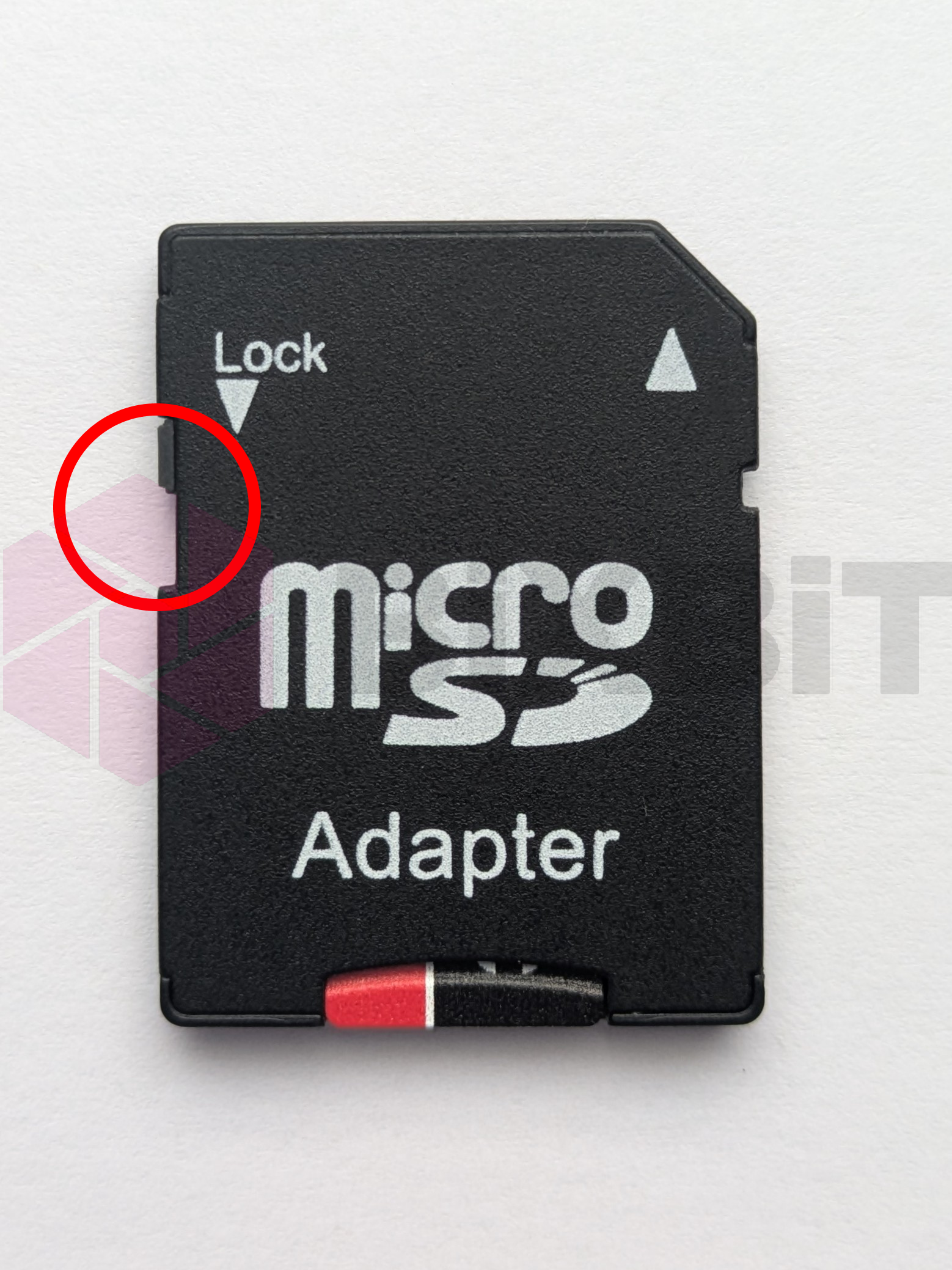 microSD adapter with the Lock write-protection switch circled: make sure it is unlocked before formatting