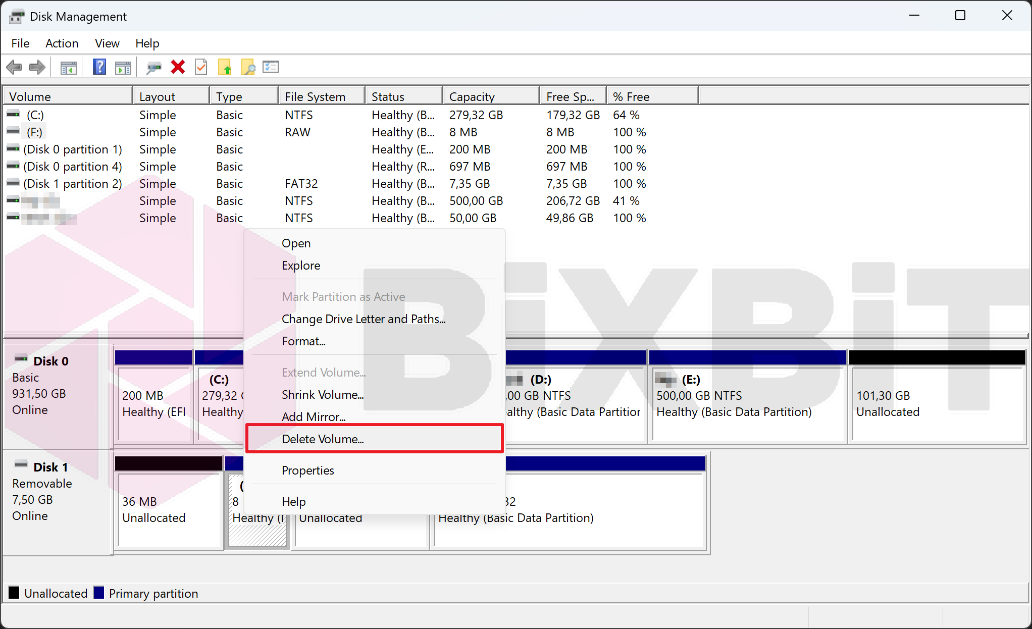 Disk Management: right-click an SD card partition and choose Delete Volume...