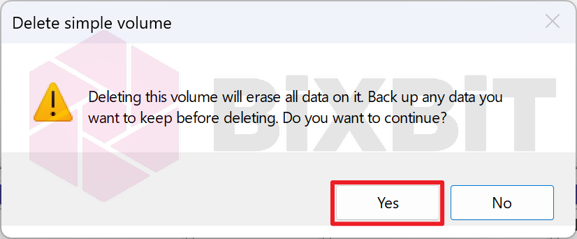 Delete simple volume warning that all data on it will be erased, Yes button