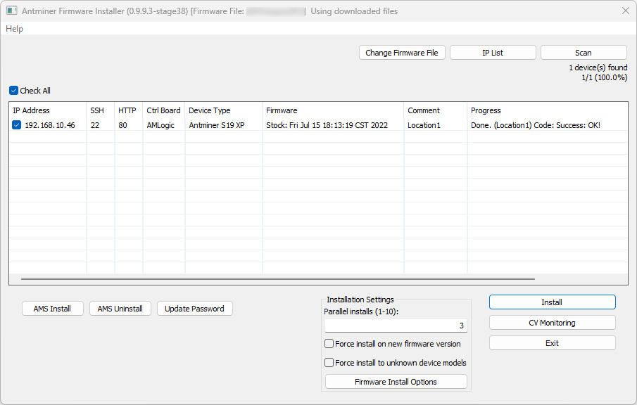 Antminer Firmware Installer: Antminer S19 XP (AMLogic) flashed, Progress shows Done. Code: Success: OK!