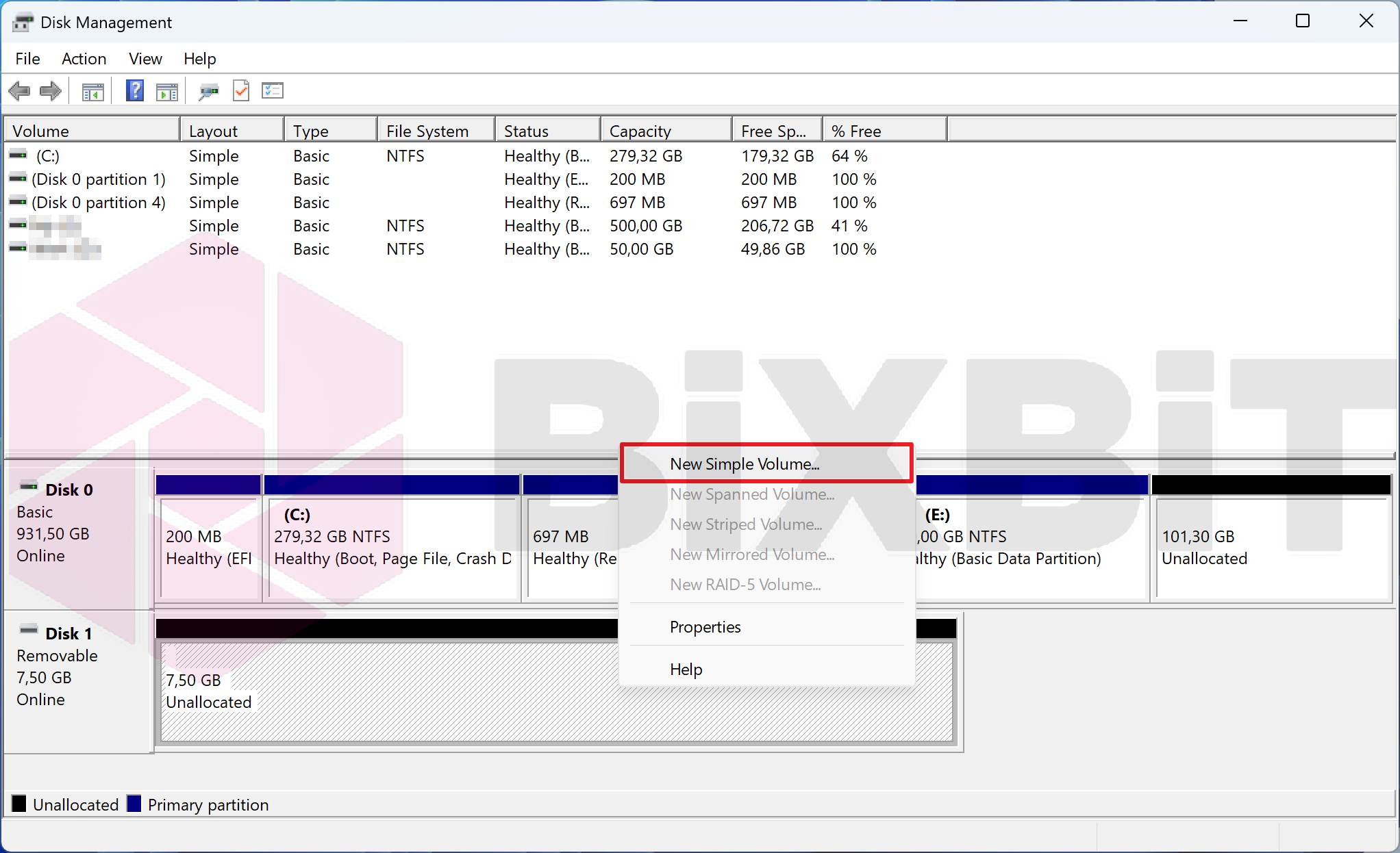 Disk Management: right-click the unallocated SD card space and choose New Simple Volume