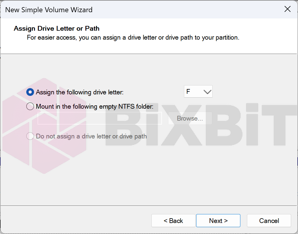 New Simple Volume Wizard: assign drive letter F
