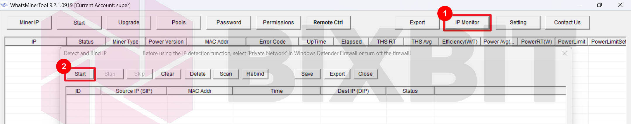 WhatsMinerTool 9.2.1: IP Monitor button