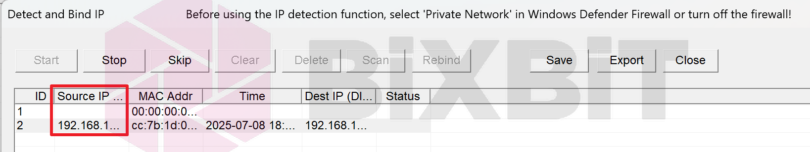 WhatsMinerTool Detect and Bind IP window: the Source IP column with the detected miner's IP address