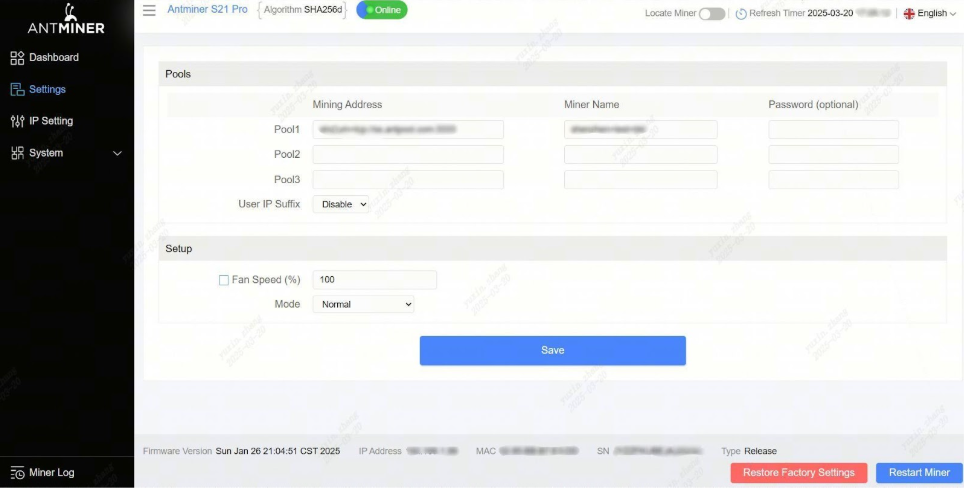 Antminer S21 Pro stock firmware Settings page