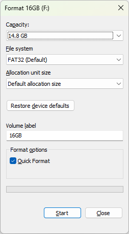 Windows Format dialog for a 16 GB flash drive (F:): FAT32 file system, Quick Format checked, Start button