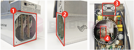 Whatsminer prepared for immersion: front and rear fan openings with fans removed