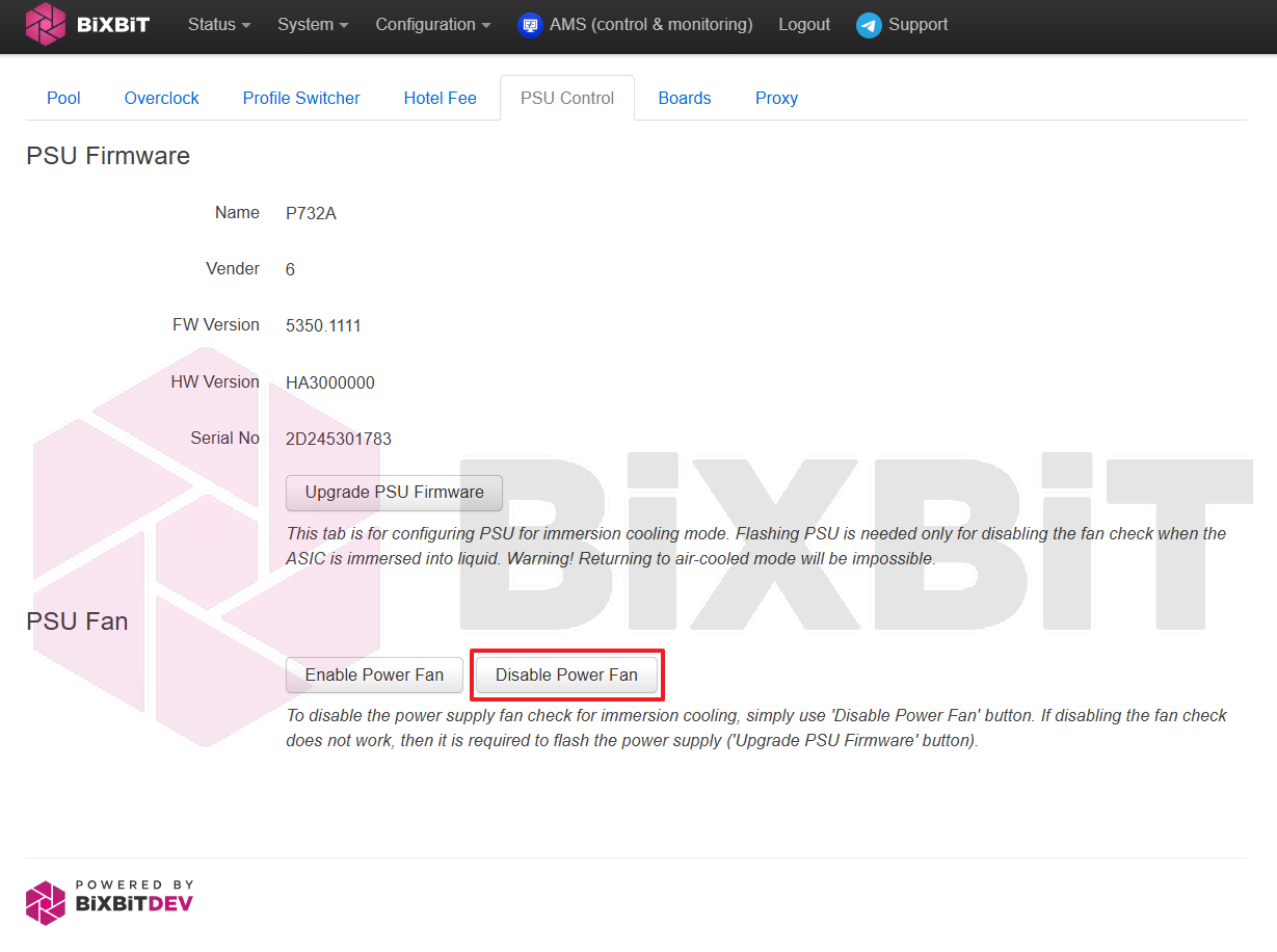 BiXBiT firmware PSU Control tab on Whatsminer (PSU P732A): Disable Power Fan button turns off the PSU fan check