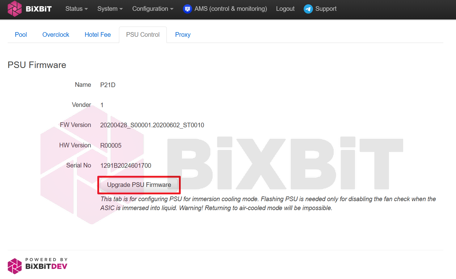 BiXBiT firmware on a Whatsminer M2x, PSU Control tab (PSU P21D): Upgrade PSU Firmware button for immersion mode