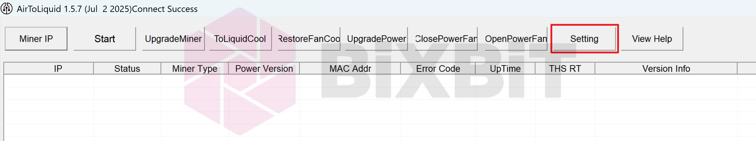 AirToLiquid 1.5.7 toolbar with the Setting button highlighted