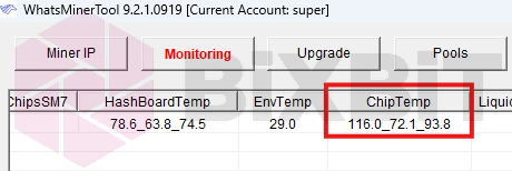 WhatsMinerTool ChipTemp column: 116.0_72.1_93.8 is the maximum, minimum and average chip temperature