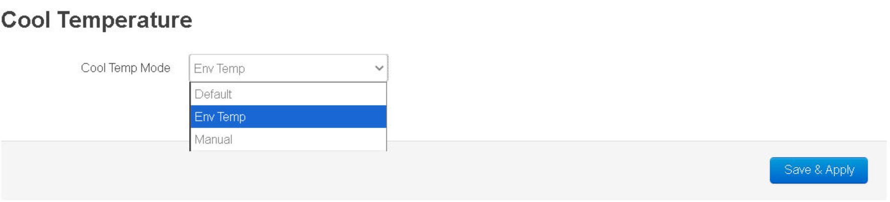 Whatsminer Cool Temp tab: Cool Temp Mode dropdown with Default, Env Temp and Manual options