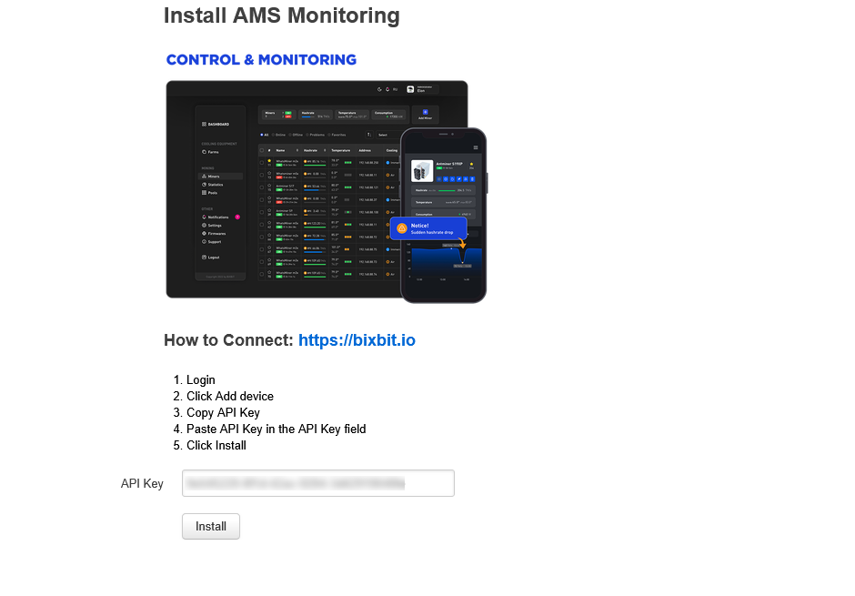 Whatsminer BiXBiT firmware, AMS (control & monitoring) tab: Install AMS Monitoring steps, API Key field, Install