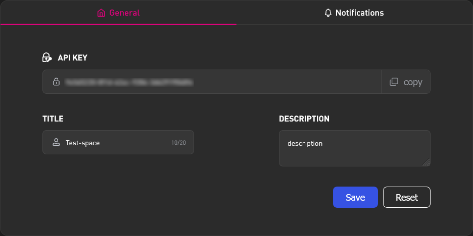 Automate Monitoring System workspace settings, General tab: API KEY field with copy button, workspace title and description