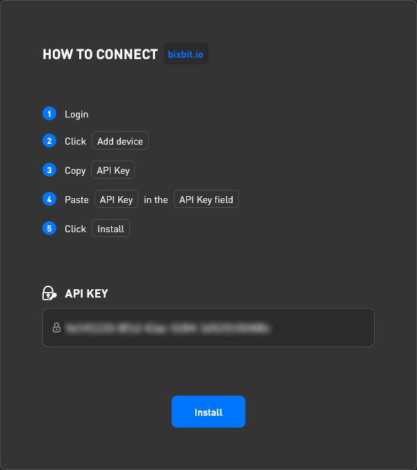 AMS tab in BiXBiT firmware on Antminer: How to connect steps, API KEY field and Install button