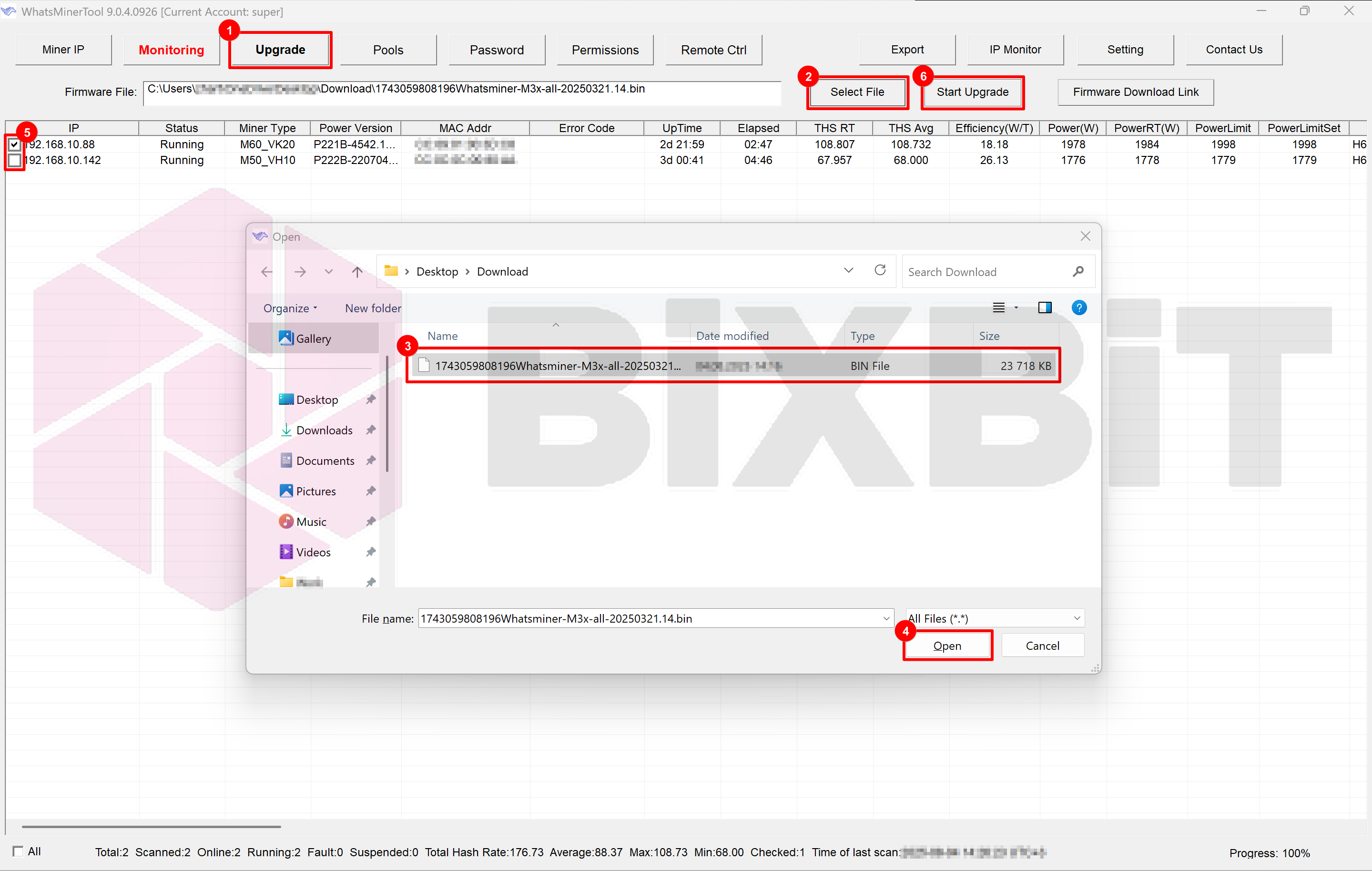 WhatsMinerTool Upgrade: Select File, pick Whatsminer-M3x-all-20250321.14.bin, Open, tick the miner, Start Upgrade
