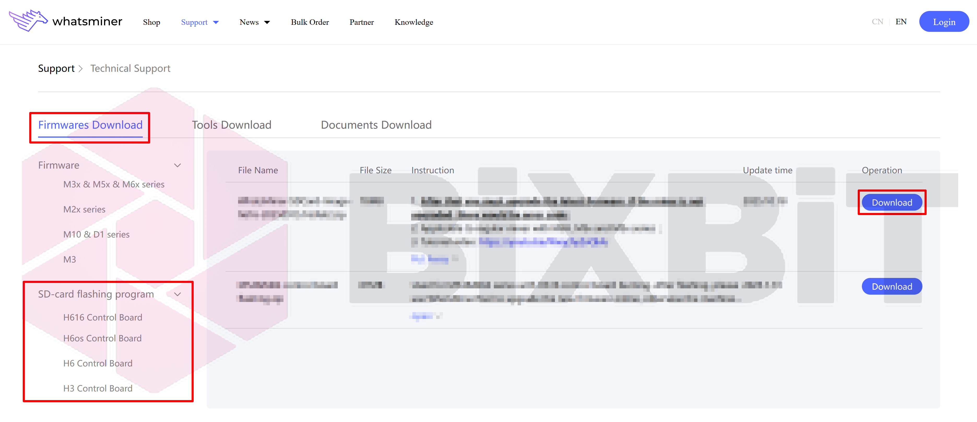 Whatsminer support site, Firmwares Download: SD-card flashing program by control board (H616, H6os, H6, H3), Download