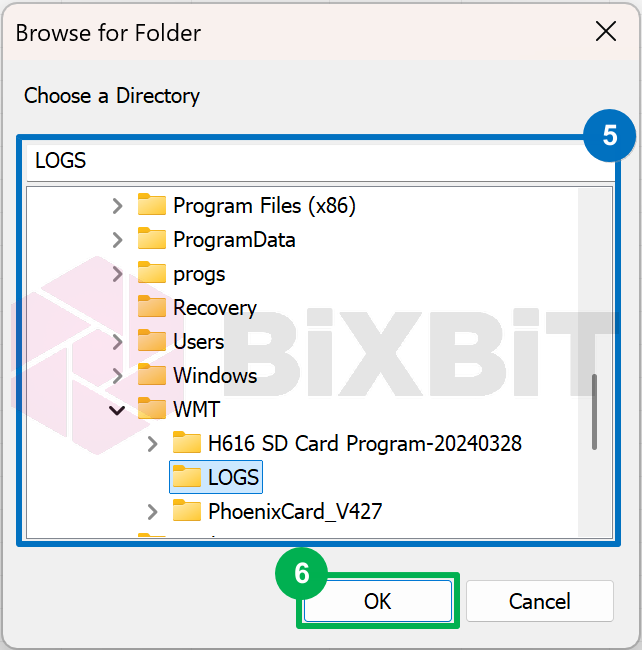 Browse for Folder dialog: LOGS folder selected as the log export directory