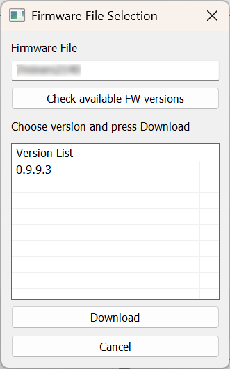Antminer installer Firmware File Selection: Check available FW versions, version 0.9.9.3 listed, Download or Cancel