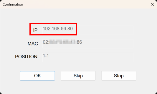 IP Reporter Confirmation dialog showing the Antminer IP address