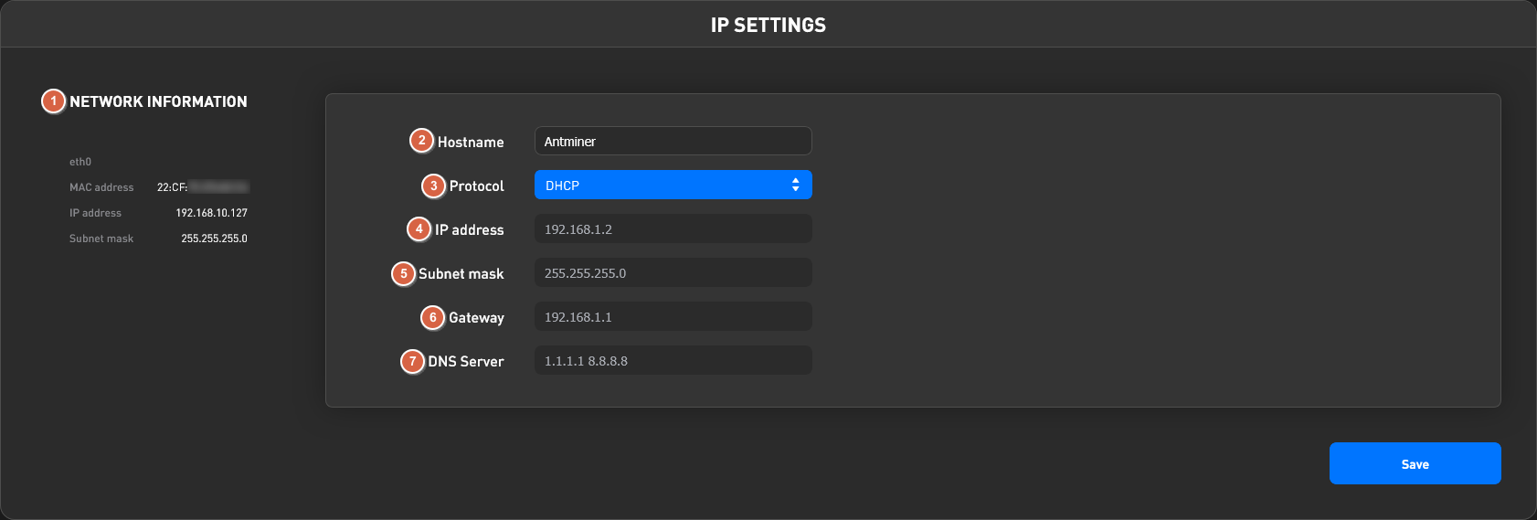 BiXBiT firmware IP Settings on Antminer: network info, hostname, DHCP/Static protocol, IP, subnet mask, gateway, DNS