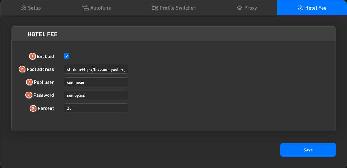 Antminer Hotel Fee tab in BiXBiT firmware: