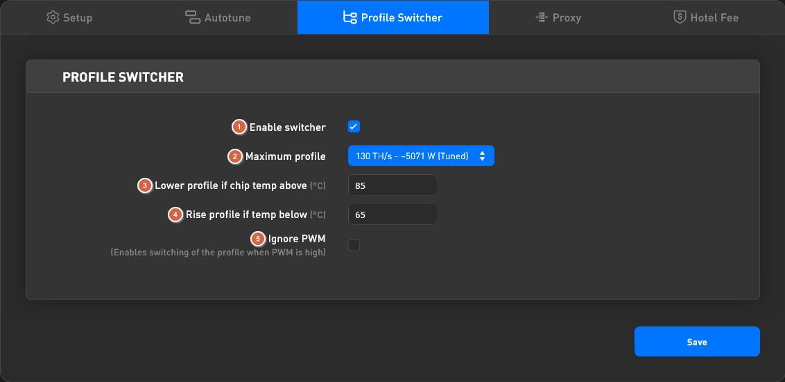 Antminer Profile Switcher tab: enable switcher, maximum profile, chip temps to lower and raise profile (°C), Ignore PWM