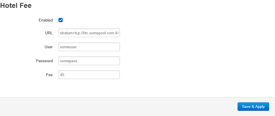 Whatsminer Hotel Fee tab: Enabled, pool URL with stratum+tcp and port, user, password and Fee set to 45