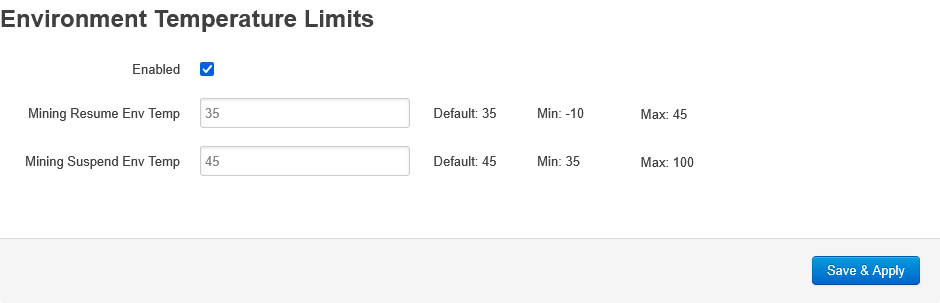 Whatsminer Env Temp Limits tab: Mining Resume Env Temp 35 and Mining Suspend Env Temp 45 with default, min, max